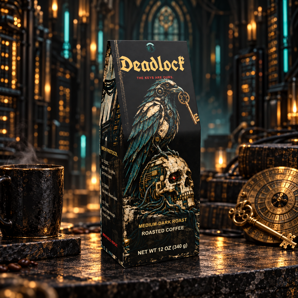 Deadlock coffee carton staged in a gothic data archive with amber server lights, a dark coffee mug and brass cipher keys