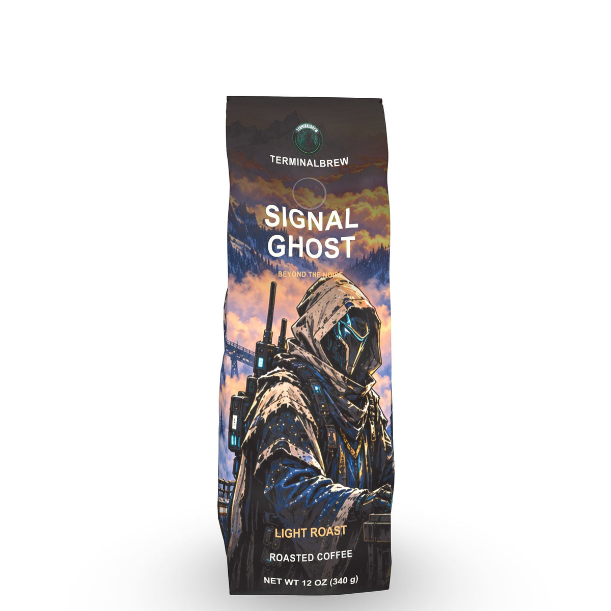 TerminalBrew Signal Ghost 12 oz gusset coffee bag, rendered by Roastar Design Lab from the final artwork.