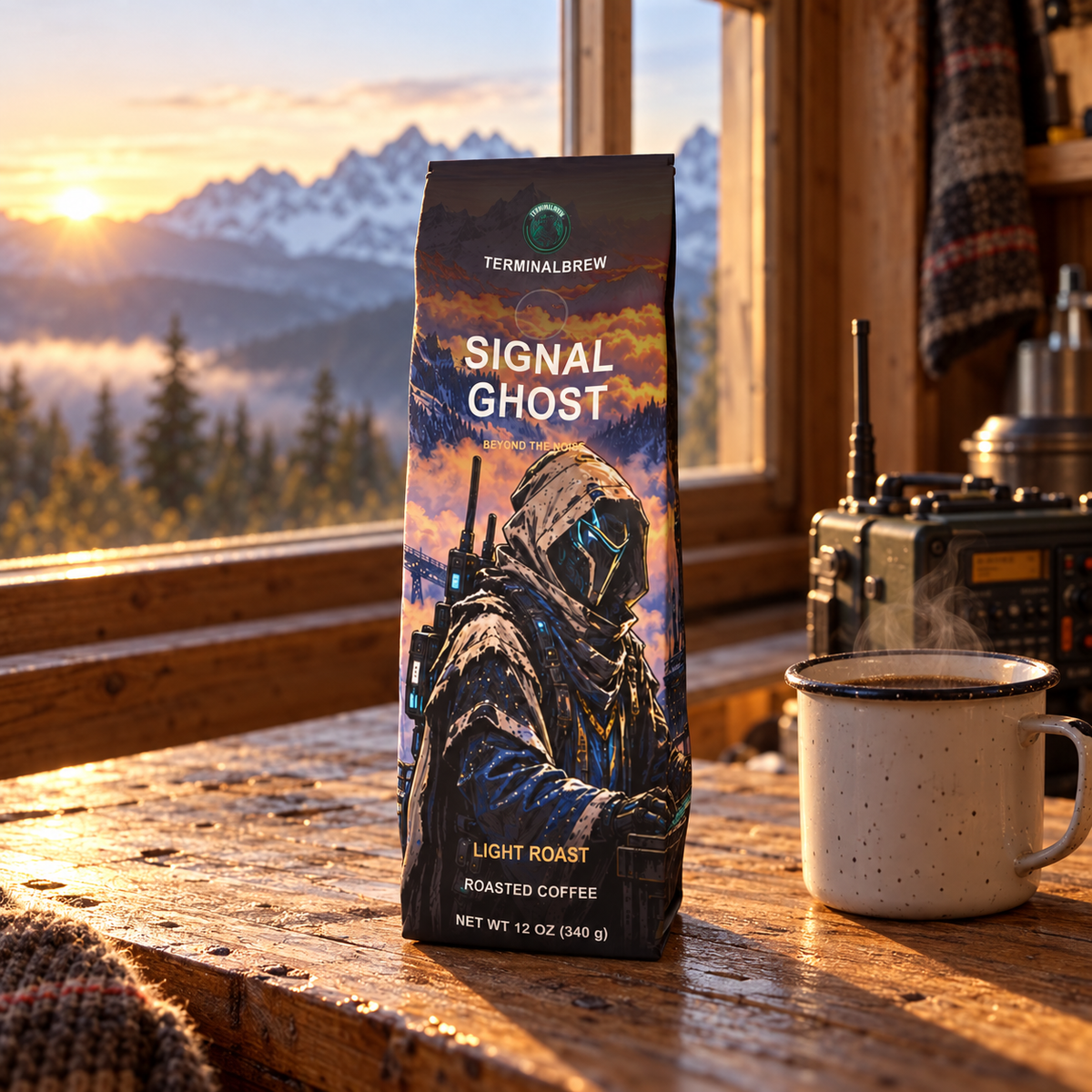 TerminalBrew Signal Ghost Roastar bag side lifestyle render