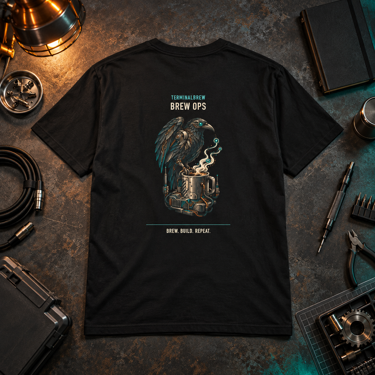Back of the black TerminalBrew Brew Ops tee staged on a workshop bench with copper lighting and engineering tools.