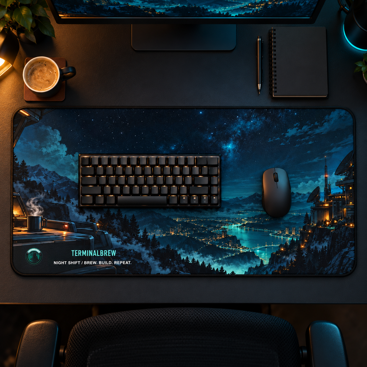 TerminalBrew Night Shift desk mat in a dark workstation with a keyboard, mouse, coffee and teal ambient lighting.