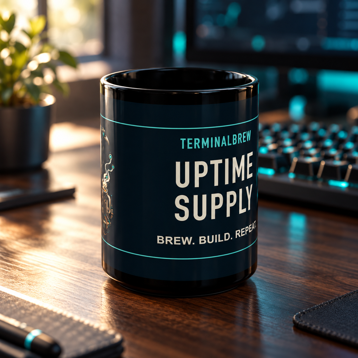 TerminalBrew Uptime Supply black mug on a walnut cyber workstation with warm window light and teal keyboard glow.