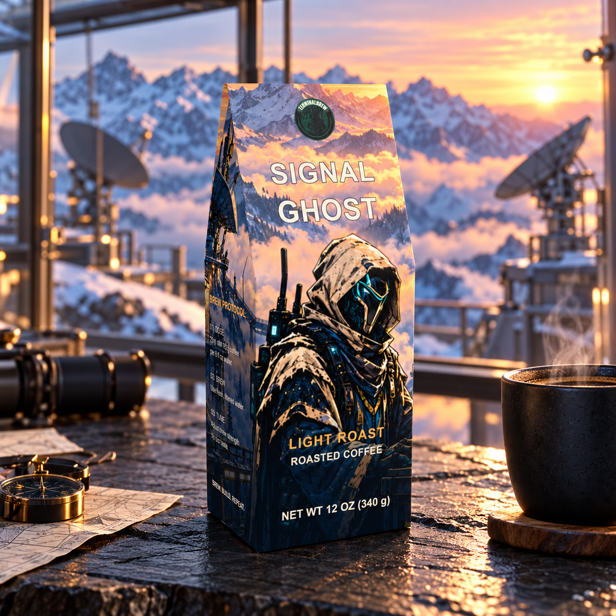 Signal Ghost TerminalBrew coffee carton staged in remote alpine satellite observatory at dawn