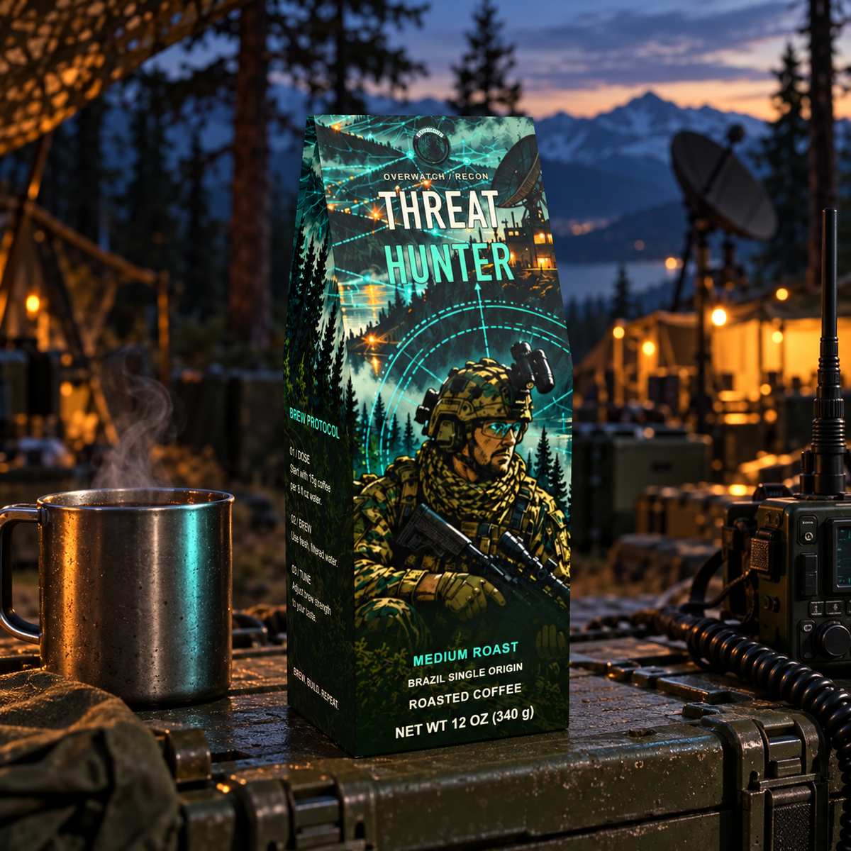 TerminalBrew Threat Hunter coffee carton at a woodland communications camp with a coffee mug and field radio.