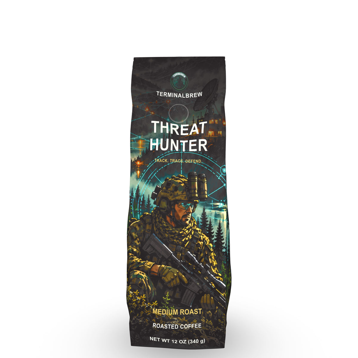 TerminalBrew Threat Hunter 12 oz gusset coffee bag, rendered by Roastar Design Lab from the final artwork.