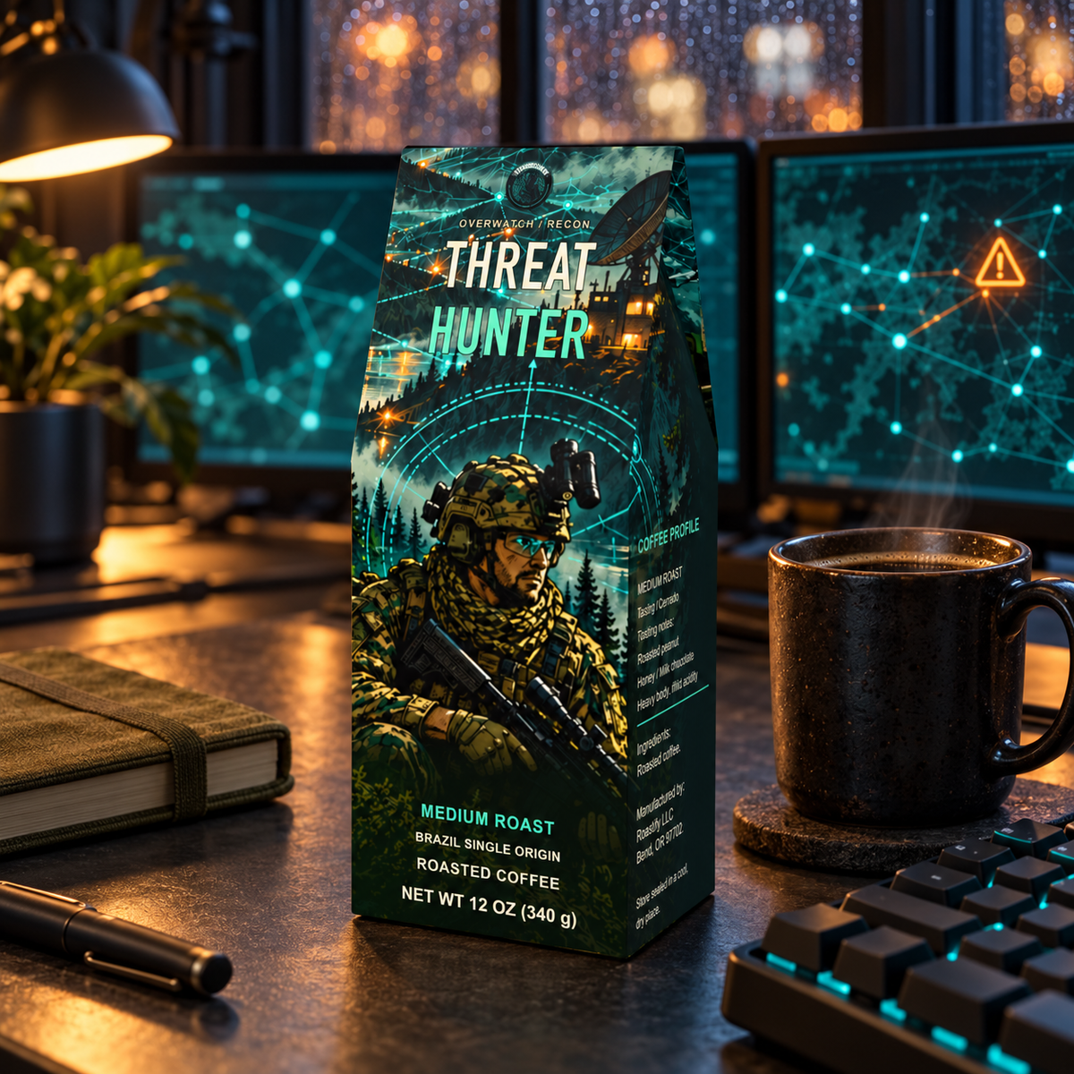 TerminalBrew Threat Hunter coffee carton beside coffee and a keyboard at a cyber threat-hunting desk.