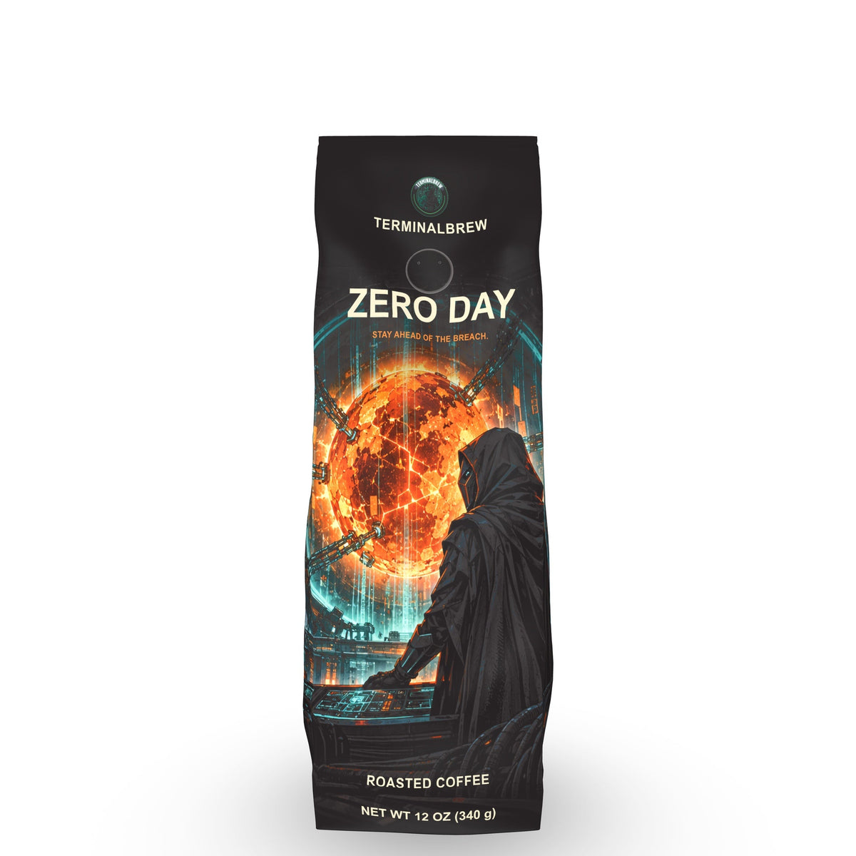 TerminalBrew Zero Day 12 oz gusset coffee bag, rendered by Roastar Design Lab from the final artwork.