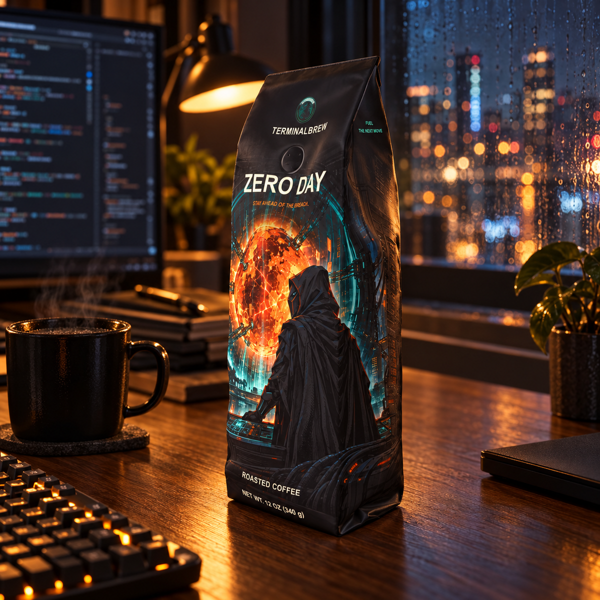 TerminalBrew Zero Day Roastar bag side lifestyle render